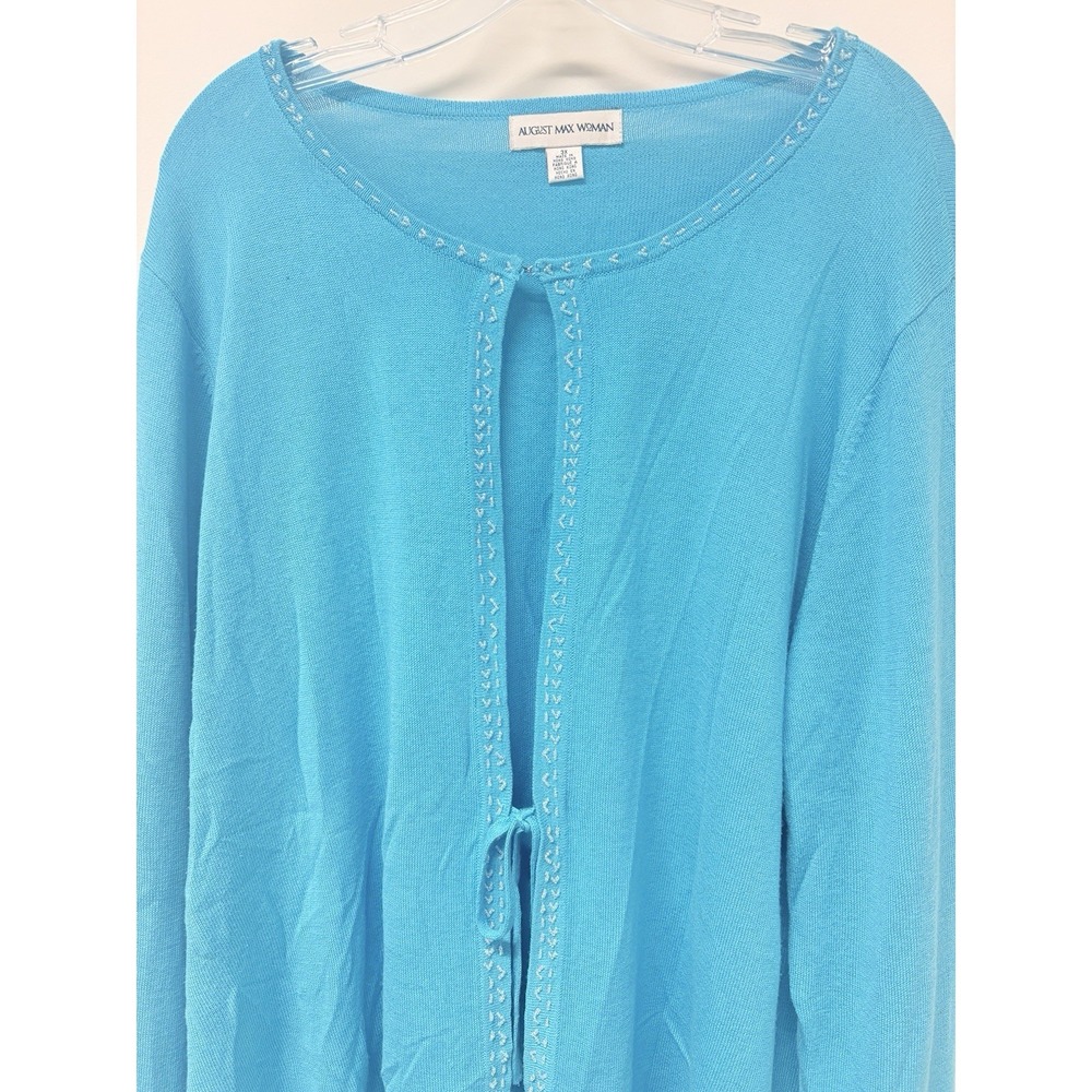 August Max Woman 3X Turquoise Blue Beaded Trim Tie Front Cardigan Sweater Plus - Picture 7 of 16